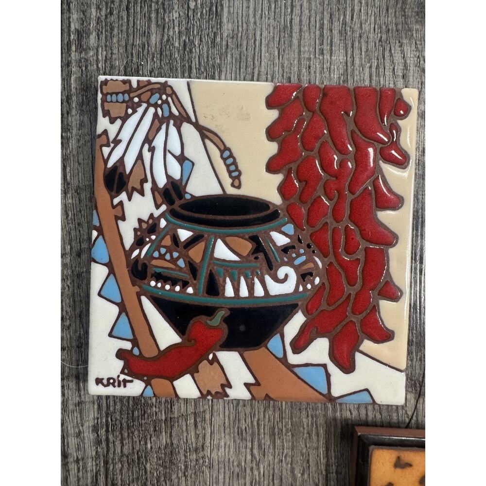 Vintage Earthtones Southwestern Art 6” Tiles Set 1990s Hand painted KRIT - Picture 2 of 11
